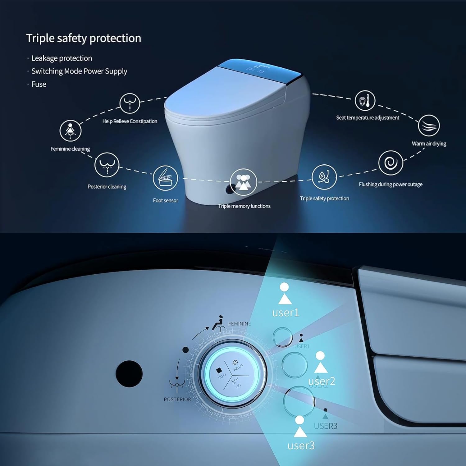 Luxury Dual Flush Smart Toilet Bidet - Auto Open/Close Lid, Instant Heated Seat and Warm Water, Adjustable Water Pressure and Foot-Kick Sensor with 3-User Memory Setting