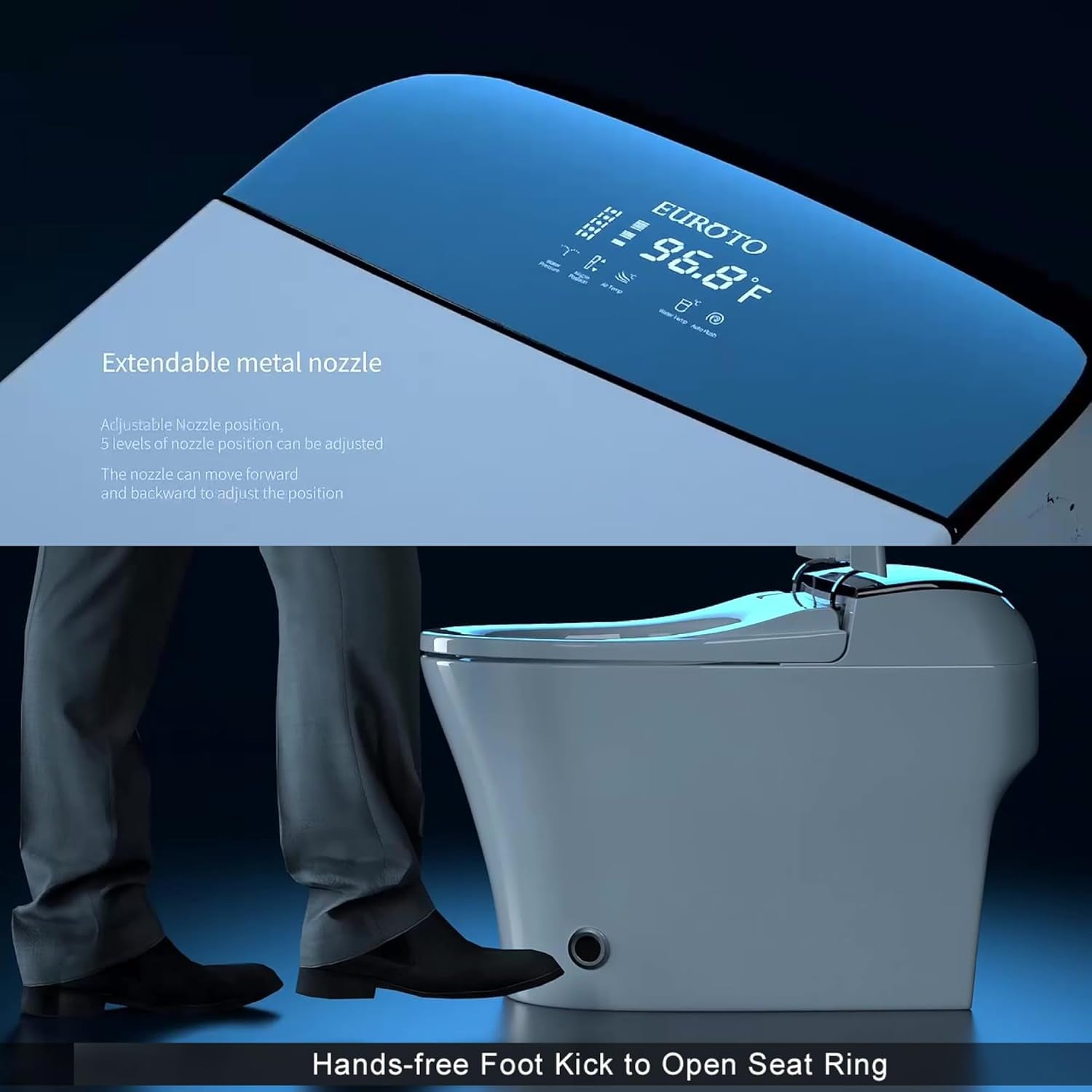 Luxury Dual Flush Smart Toilet Bidet - Auto Open/Close Lid, Instant Heated Seat and Warm Water, Adjustable Water Pressure and Foot-Kick Sensor with 3-User Memory Setting