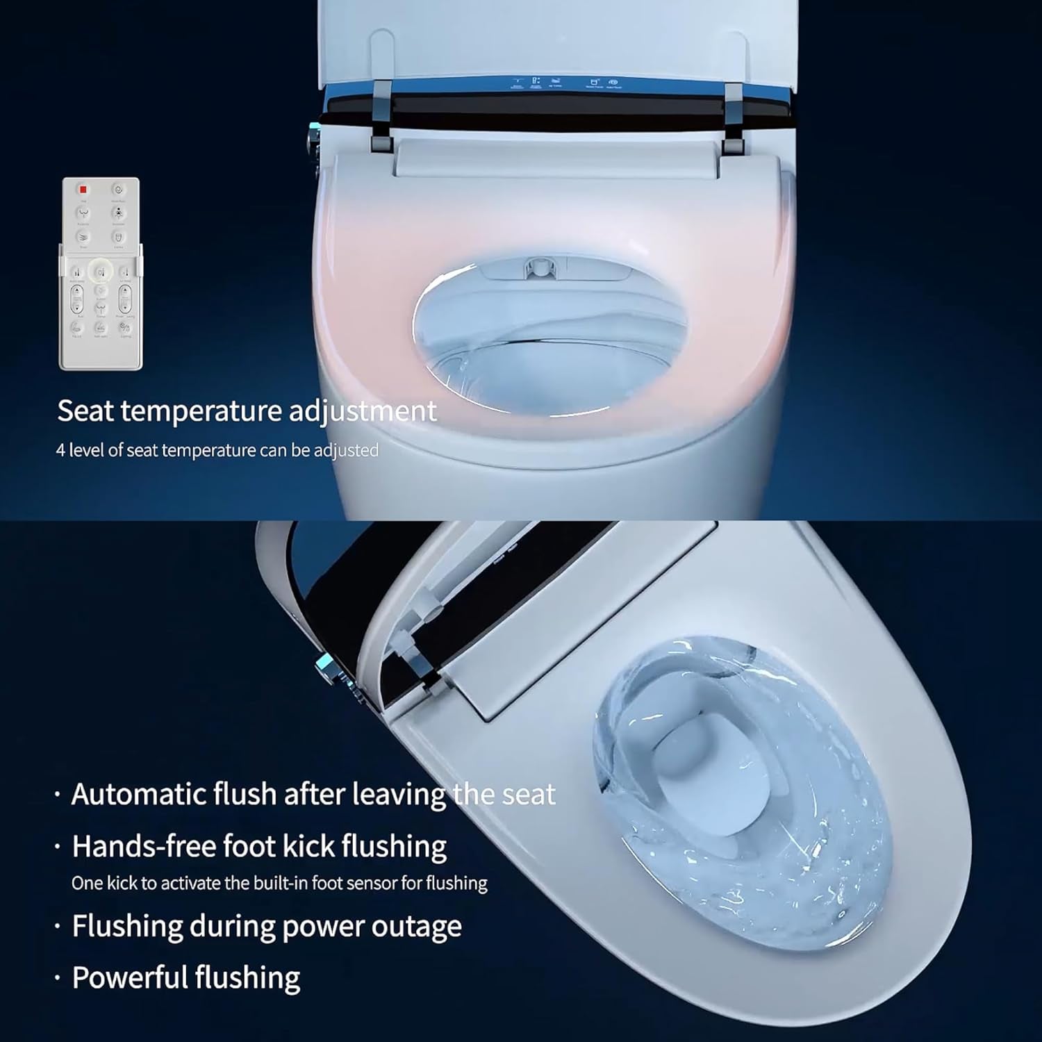 Luxury Dual Flush Smart Toilet Bidet - Auto Open/Close Lid, Instant Heated Seat and Warm Water, Adjustable Water Pressure and Foot-Kick Sensor with 3-User Memory Setting