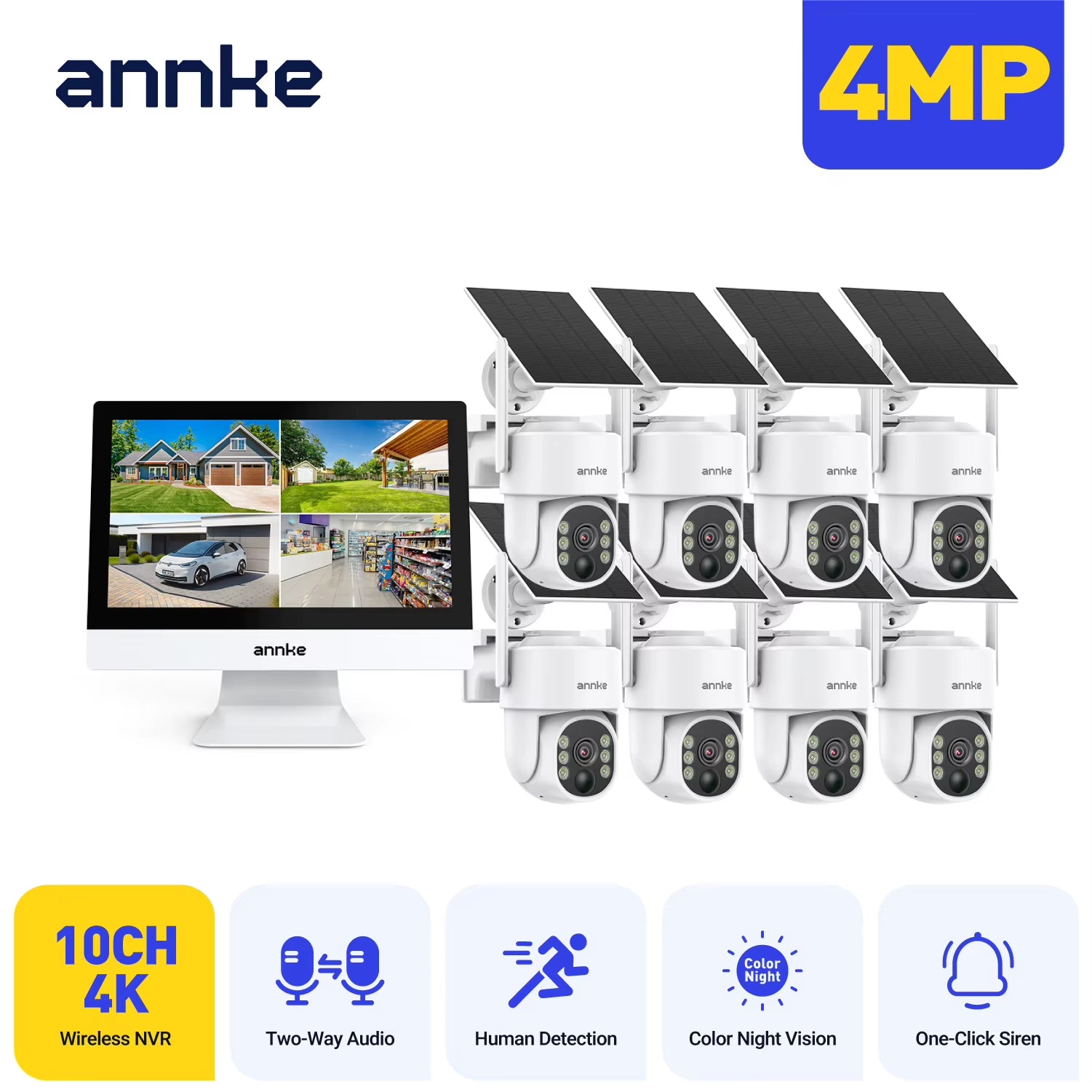 4MP Solar Security Cameras 10CH 12 in LCD 2.4G 5.8G PTZ Wifi Security Cameras PIR Color Night Vision Camera Security Wifi