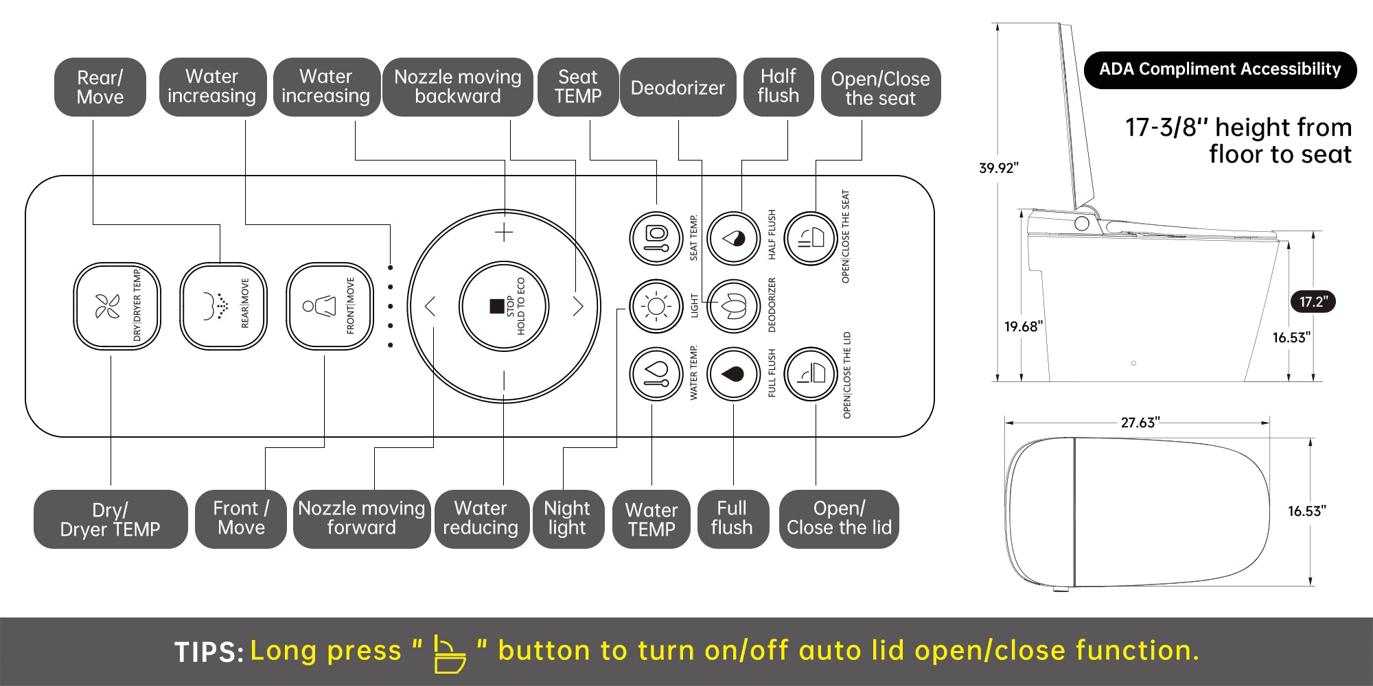 Smart Bidet Toilet Built in Tank,Comfortable Seat Height, Dual-Flush Elongated Toilet Bidet, Foot Sensor Flush/Open Seat Toilet U8Pro