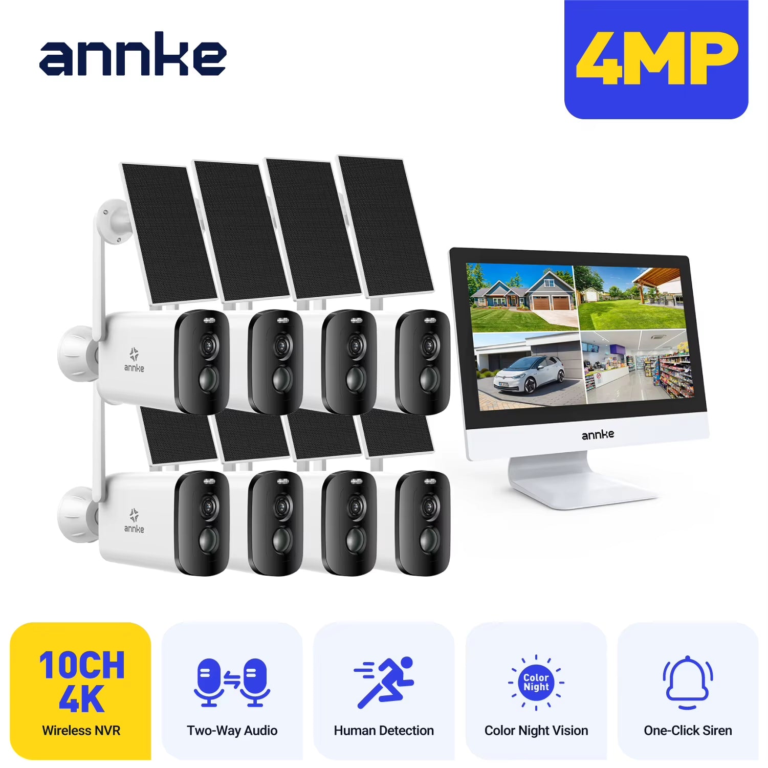 4MP Solar Security Cameras 10CH 12 in LCD 2.4G 5.8G PTZ Wifi Security Cameras PIR Color Night Vision Camera Security Wifi