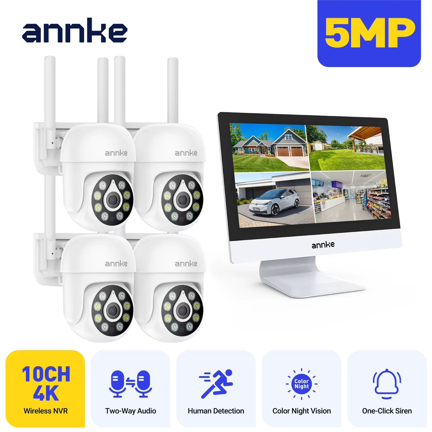 4MP Solar Security Cameras 10CH 12 in LCD 2.4G 5.8G PTZ Wifi Security Cameras PIR Color Night Vision Camera Security Wifi