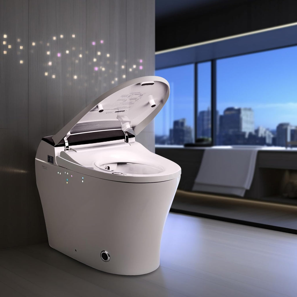 Luxury Dual Flush Smart Toilet Bidet - Auto Open/Close Lid, Instant Heated Seat and Warm Water, Adjustable Water Pressure and Foot-Kick Sensor with 3-User Memory Setting