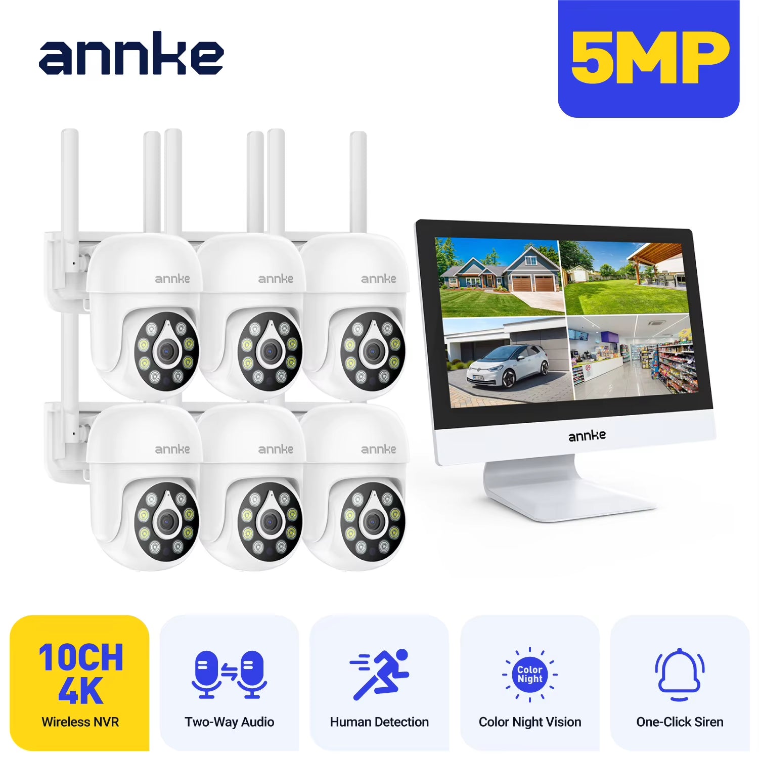 4MP Solar Security Cameras 10CH 12 in LCD 2.4G 5.8G PTZ Wifi Security Cameras PIR Color Night Vision Camera Security Wifi