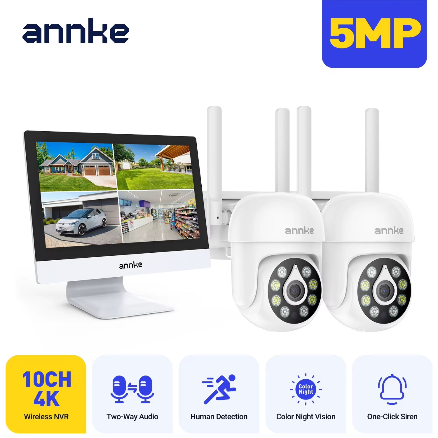 4MP Solar Security Cameras 10CH 12 in LCD 2.4G 5.8G PTZ Wifi Security Cameras PIR Color Night Vision Camera Security Wifi