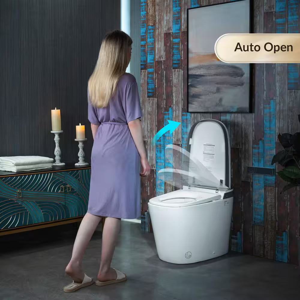 Elongated ADA Smart Toilet Bidet 1.28 GPF in Grey with Auto Open and Close, Clean Foam Dispenser and Map Flushing 1000G